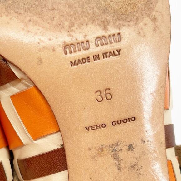 Vintage Retro Miu Miu Orange Tan Brown Woven Pointed Toe Mary Jane Pump IT 36 - Picture 10 of 11